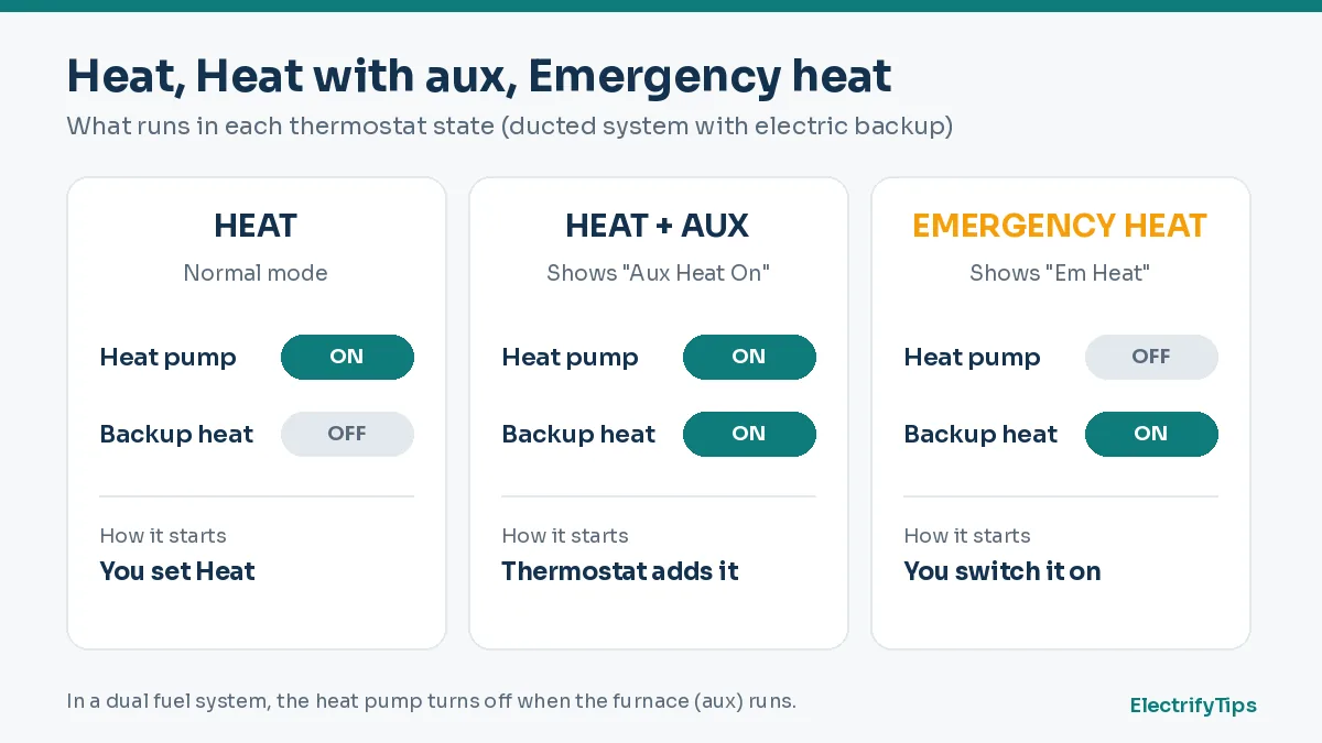 What runs in Heat, Heat with aux and Emergency heat modes: heat pump and backup heat on or off in each