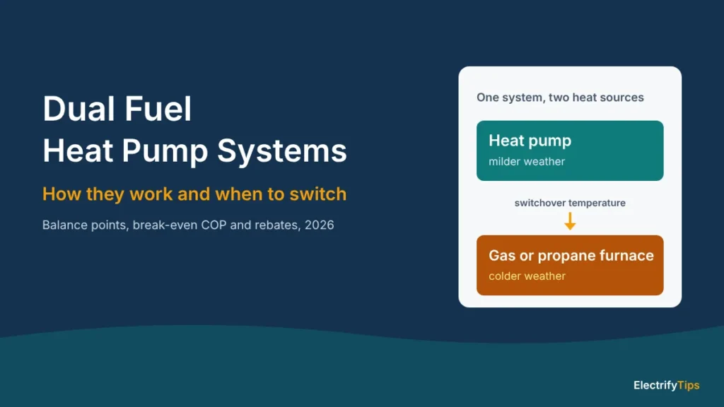 Dual fuel heat pump system: the heat pump heats in milder weather and a gas or propane furnace takes over below the switchover temperature