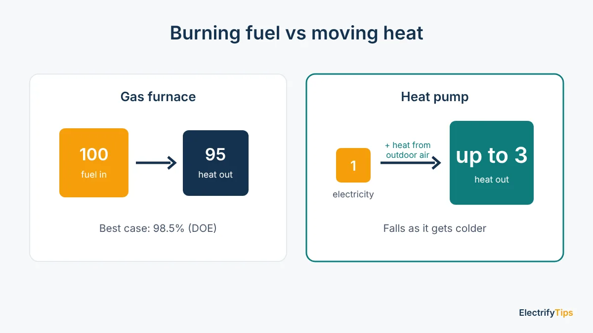 A gas furnace turns 100 units of fuel into about 95 units of heat, while a heat pump turns 1 unit of electricity into up to 3 units of heat using outdoor air