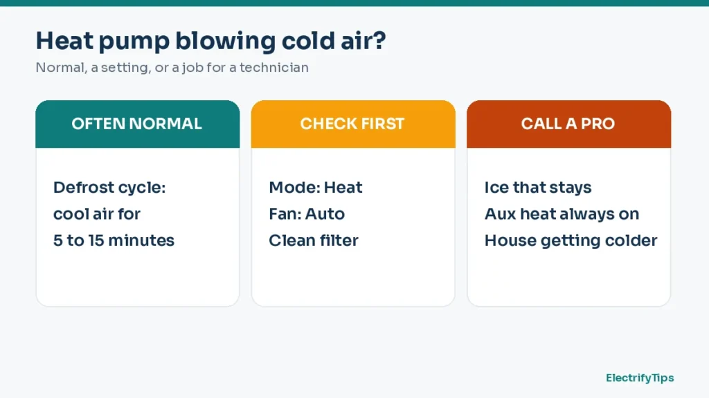 Heat pump blowing cold air: often normal during defrost, check the mode, fan and filter first, call a pro for ice that stays