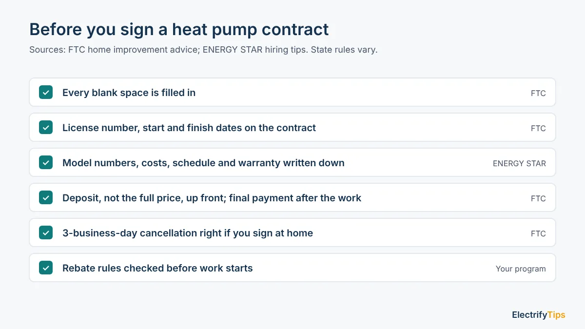 Checklist before signing a heat pump contract: blanks filled, license number and dates, deposit only, cancellation right, rebate rules checked