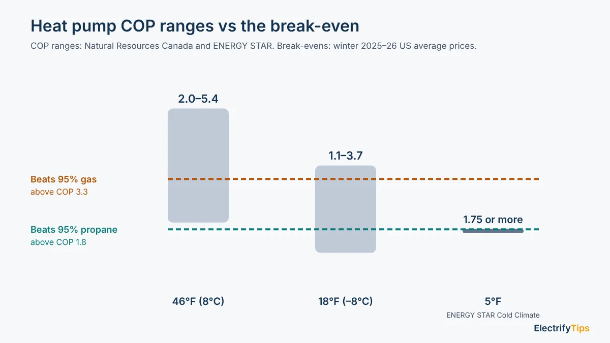 Heat pump COP ranges of 2.0 to 5.4 at 46°F and 1.1 to 3.7 at 18°F compared with break-even lines at COP 3.3 for gas and 1.8 for propane