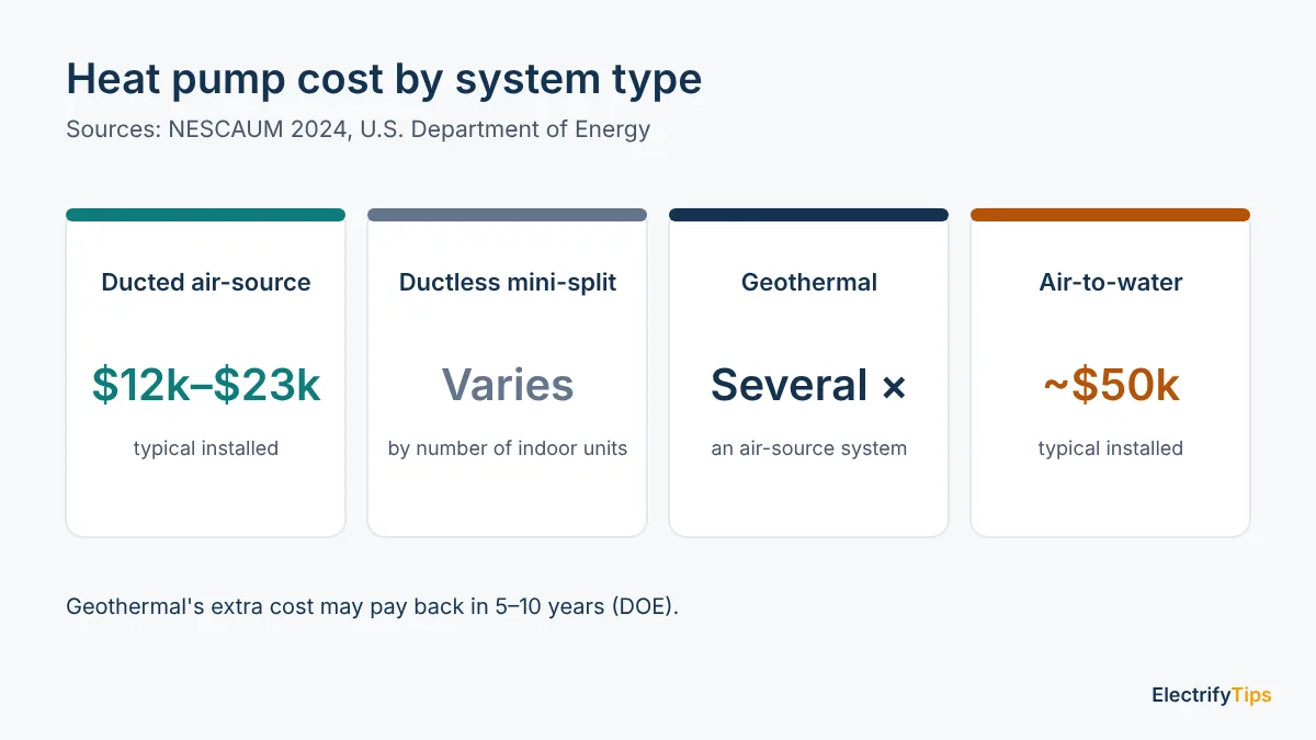 Heat pump cost by system type: ducted air-source $12,000 to $23,000, ductless varies by indoor units, geothermal several times air-source, air-to-water about $50,000
