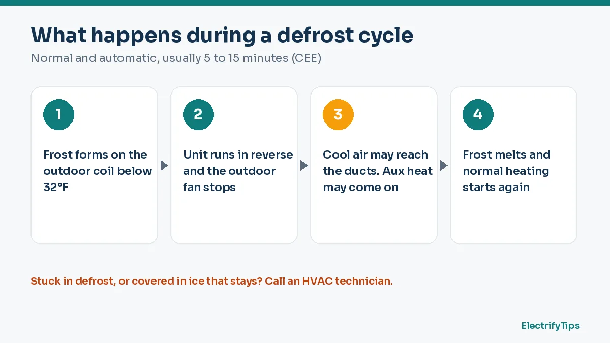 Four steps of a heat pump defrost cycle, from frost on the outdoor coil to normal heating again