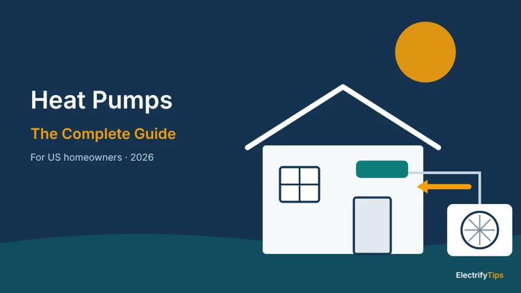 Illustration of a house with an outdoor heat pump unit moving heat indoors