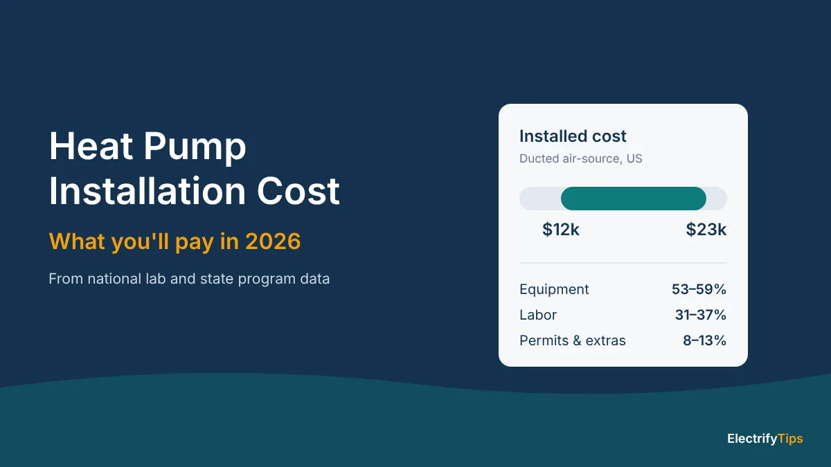 Heat pump installation cost 2026: ducted air-source heat pumps cost about $12,000 to $23,000 installed, mostly equipment and labor