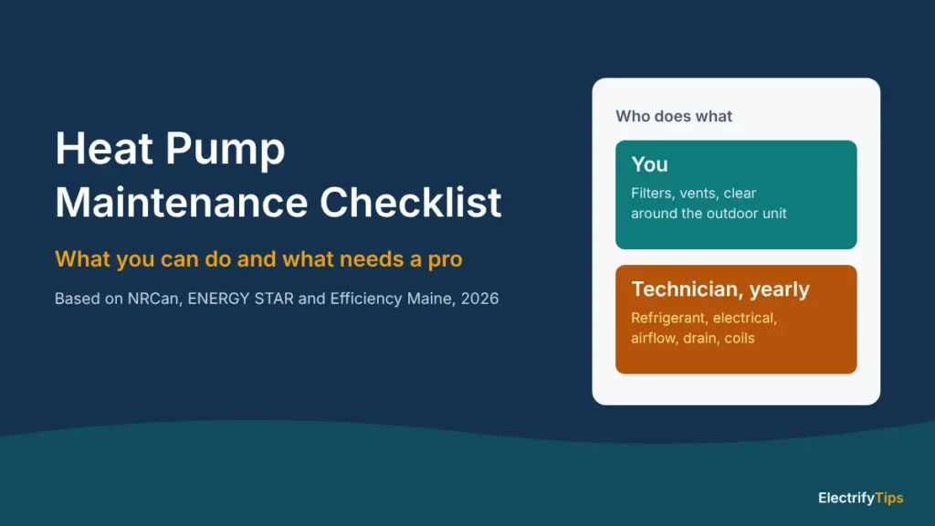 Heat pump maintenance checklist: you handle filters, vents and the area around the outdoor unit; a technician handles refrigerant, electrical, airflow, drain and coils yearly