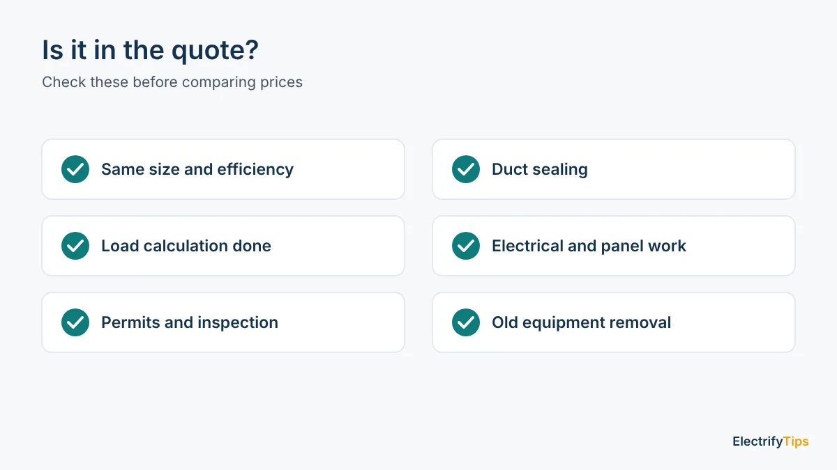 Checklist for heat pump quotes: same size and efficiency, load calculation, permits, duct sealing, electrical and panel work, old equipment removal