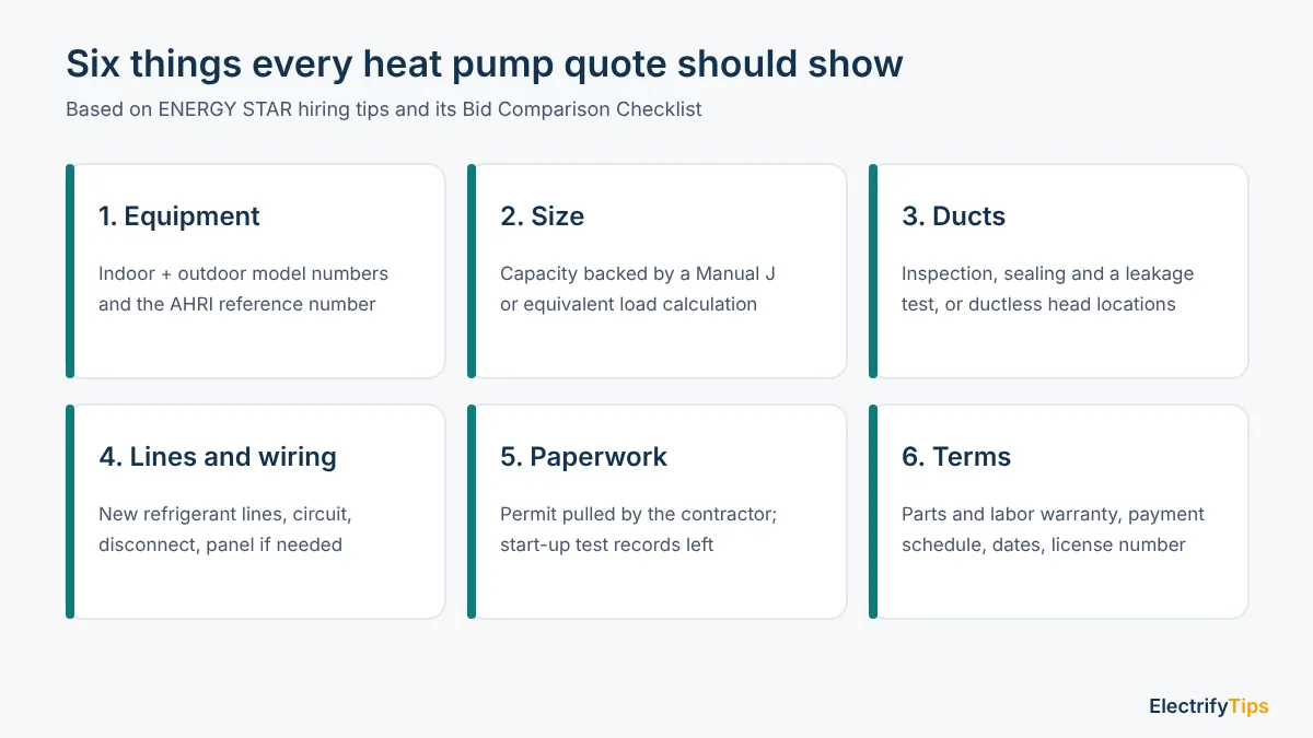 Six things a heat pump quote should show: equipment and AHRI number, size, ducts, lines and wiring, paperwork, and terms