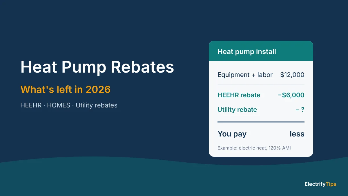 Heat pump rebates 2026: example of a $12,000 install replacing electric heat, reduced by a $6,000 HEEHR rebate plus a utility rebate