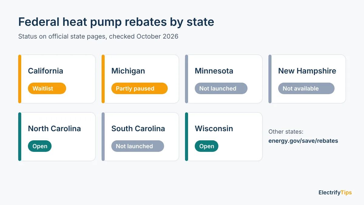 Heat pump rebate status by state, October 2026: North Carolina and Wisconsin open, California waitlist, Michigan partly paused, Minnesota and South Carolina not launched, New Hampshire not available