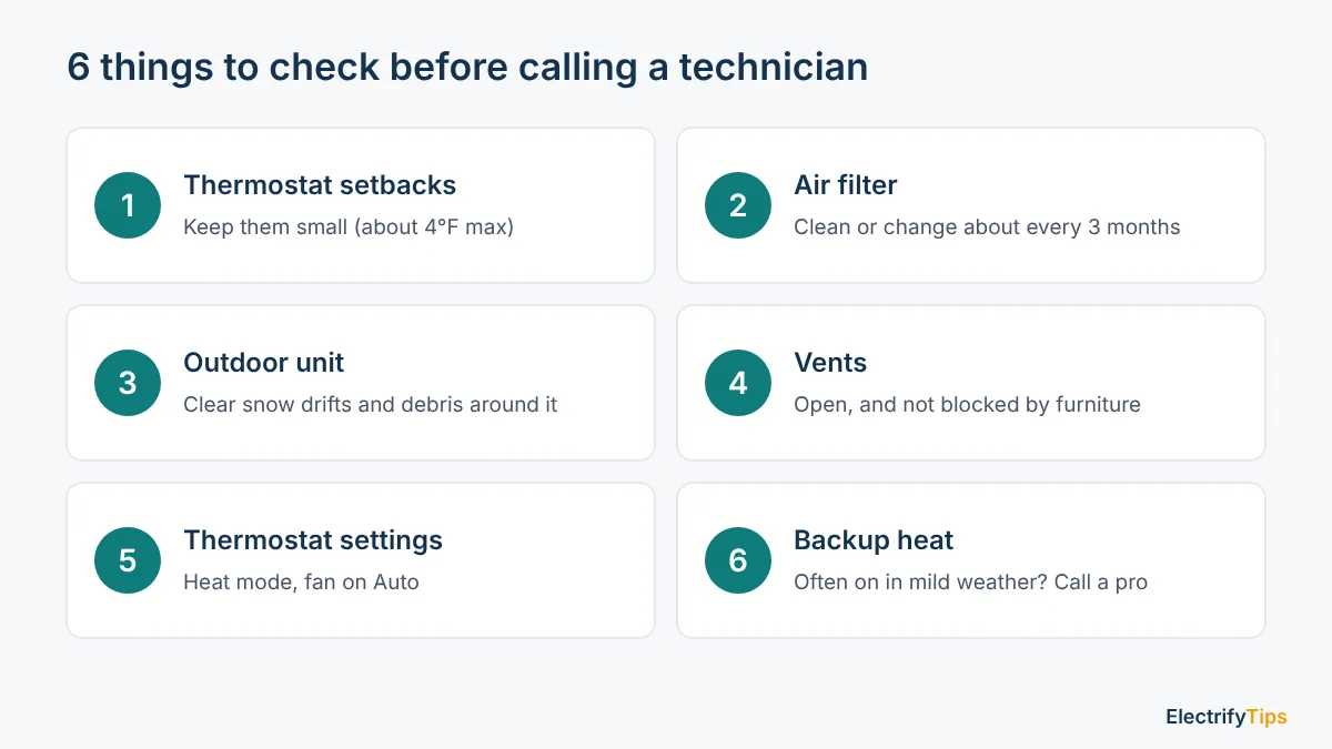 Six things to check before calling a technician: setbacks, filter, outdoor unit, vents, thermostat settings, backup heat