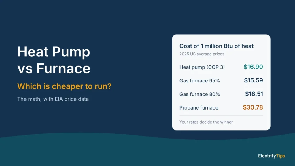 Heat pump vs furnace: cost of 1 million Btu of heat at 2025 US average prices – heat pump $16.90, 95% gas furnace $15.59, 80% furnace $18.51, propane $30.78