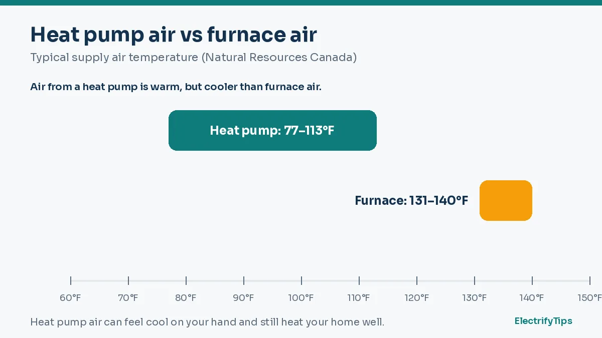 Heat pump air at about 77 to 113°F compared with furnace air at about 131 to 140°F