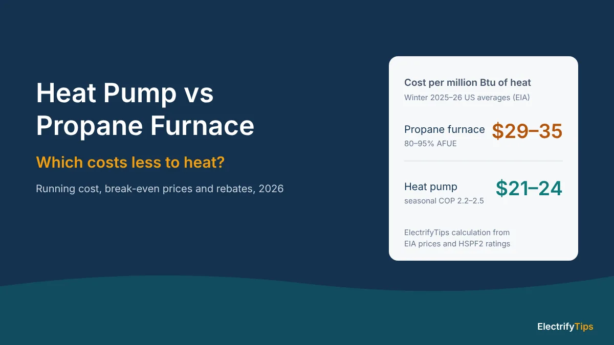 Heat pump vs propane furnace: about $21 to $24 per million Btu of heat from a heat pump vs $29 to $35 from propane at winter 2025-26 prices