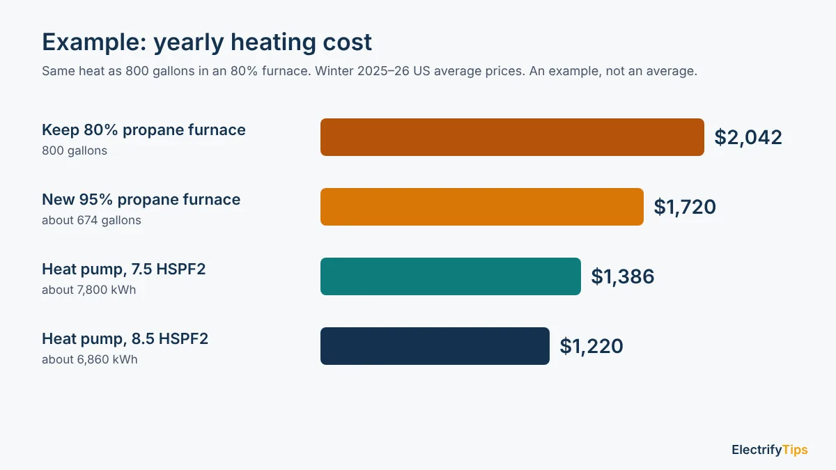 Example yearly heating cost: $2,042 with an 80% propane furnace, $1,720 with a 95% furnace, $1,386 and $1,220 with heat pumps