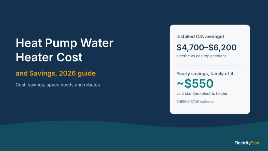 Heat pump water heater cost 2026: $4,700–$6,200 installed on average in California and about $550 a year saved for a family of four