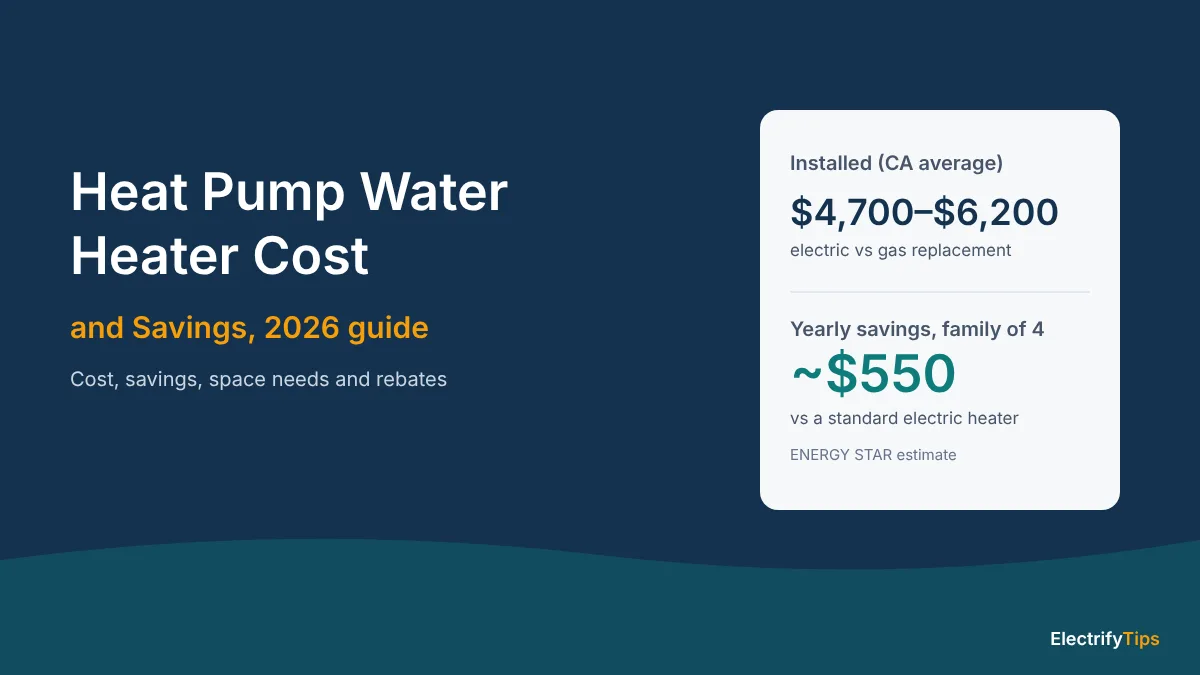 Heat pump water heater cost 2026: $4,700–$6,200 installed on average in California and about $550 a year saved for a family of four
