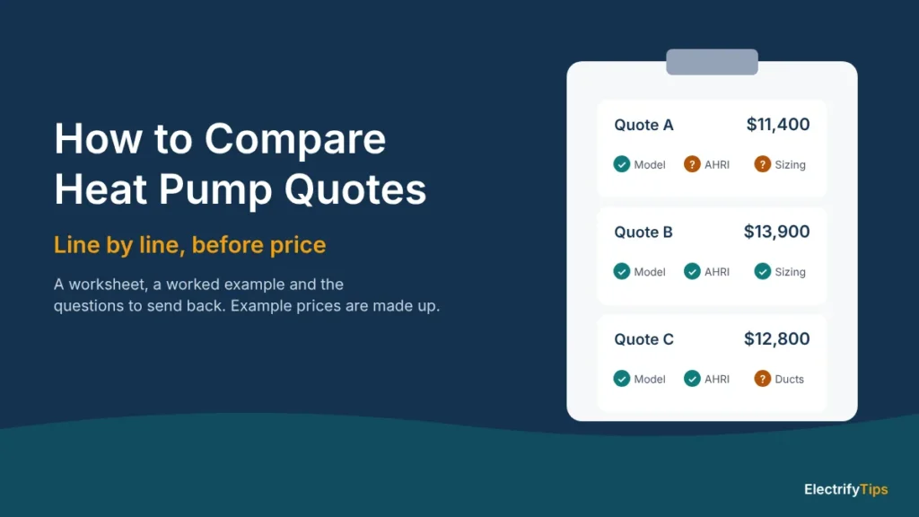 How to compare heat pump quotes: three example quotes checked for model numbers, AHRI match and sizing before price