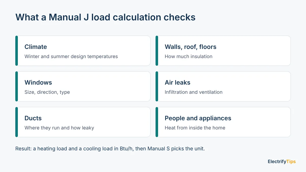 A Manual J load calculation checks climate, insulation, windows, air leaks, ducts and internal heat from people and appliances
