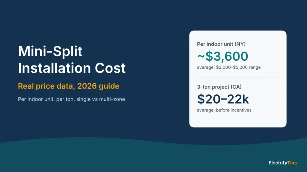 Mini-split installation cost 2026: about $3,600 per indoor unit in New York data and $20,000–$22,000 for a 3-ton project in California