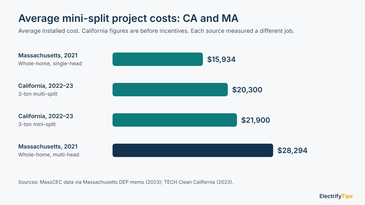 Average mini-split project costs: Massachusetts single-head and multi-head whole-home systems, California 3-ton mini-split and multi-split