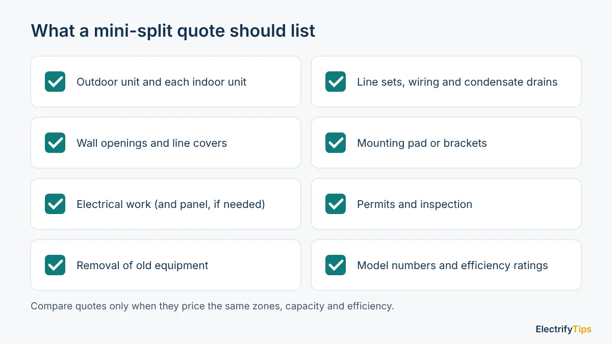 Checklist of what a mini-split quote should list, from indoor units and line sets to permits and model numbers