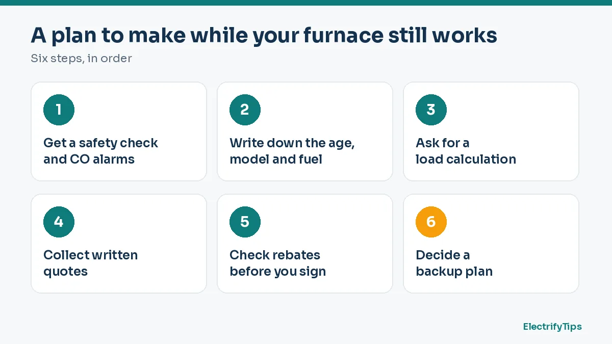 Six steps to plan a furnace replacement before it fails: safety check, note age and model, load calculation, written quotes, check rebates, backup plan