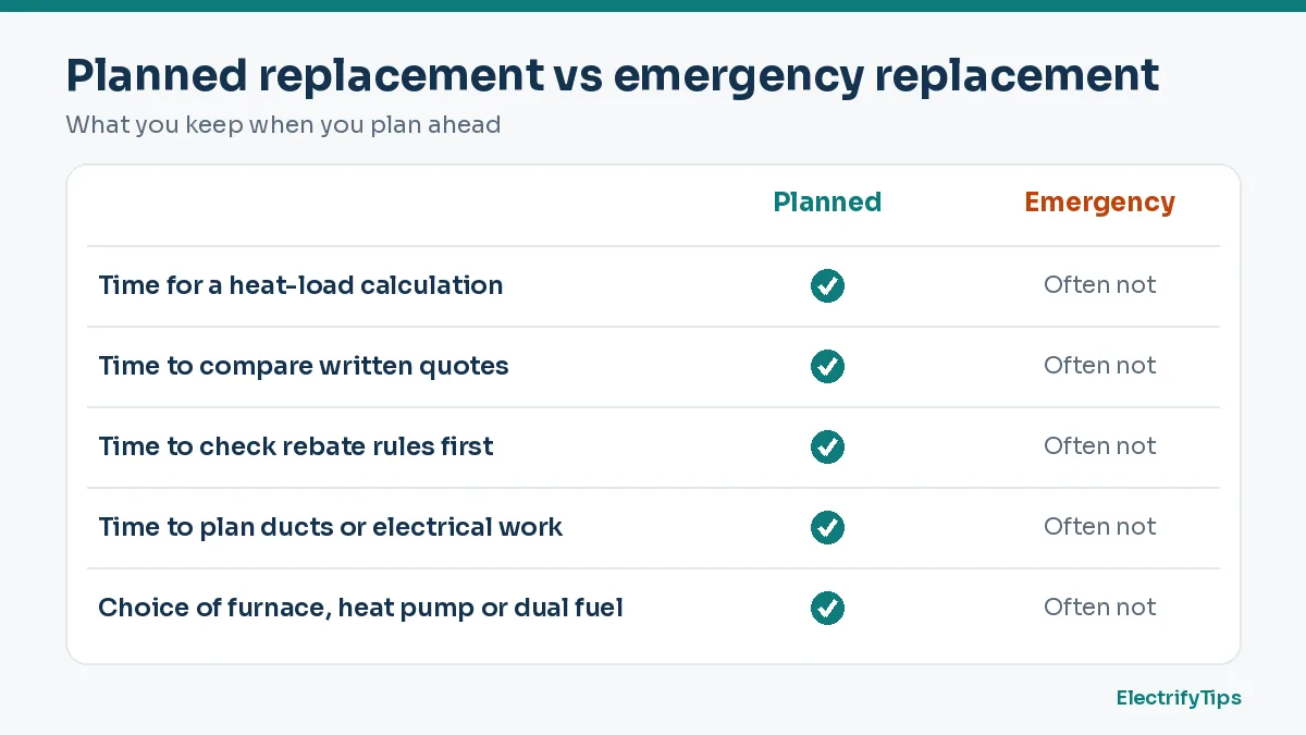 Planned vs emergency furnace replacement: planning leaves time for a load calculation, quotes, rebate checks, ductwork or electrical work, and more choices