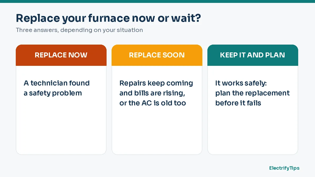 Replace your furnace now or wait: replace now for a safety problem, replace soon for frequent repairs or an old AC, otherwise keep it and plan