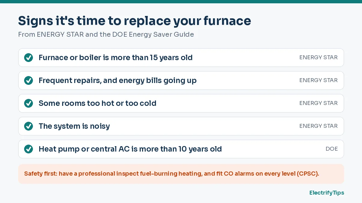 Signs it's time to replace a furnace from ENERGY STAR and DOE: over 15 years old, frequent repairs, uneven rooms, noise, and an AC over 10 years old
