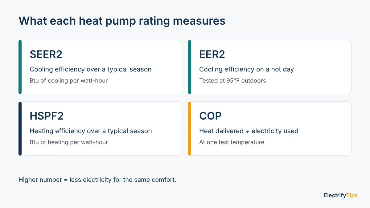 What SEER2, EER2, HSPF2 and COP each measure on a heat pump