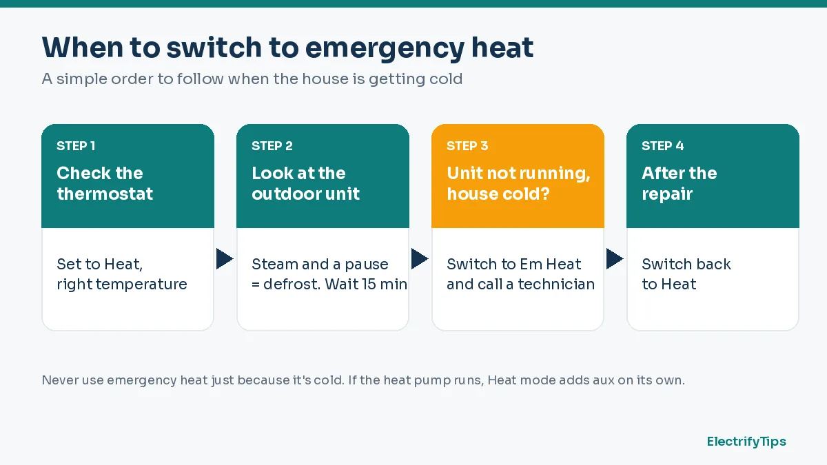 Four steps for when to use emergency heat: check the thermostat, look at the outdoor unit, switch to Em Heat if it isn't running, switch back after repair