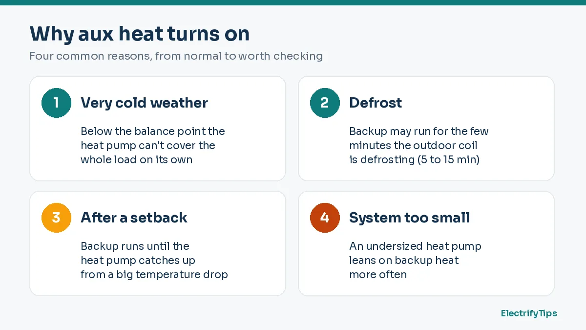 Four reasons aux heat turns on: very cold weather, defrost, recovery after a setback, and an undersized heat pump