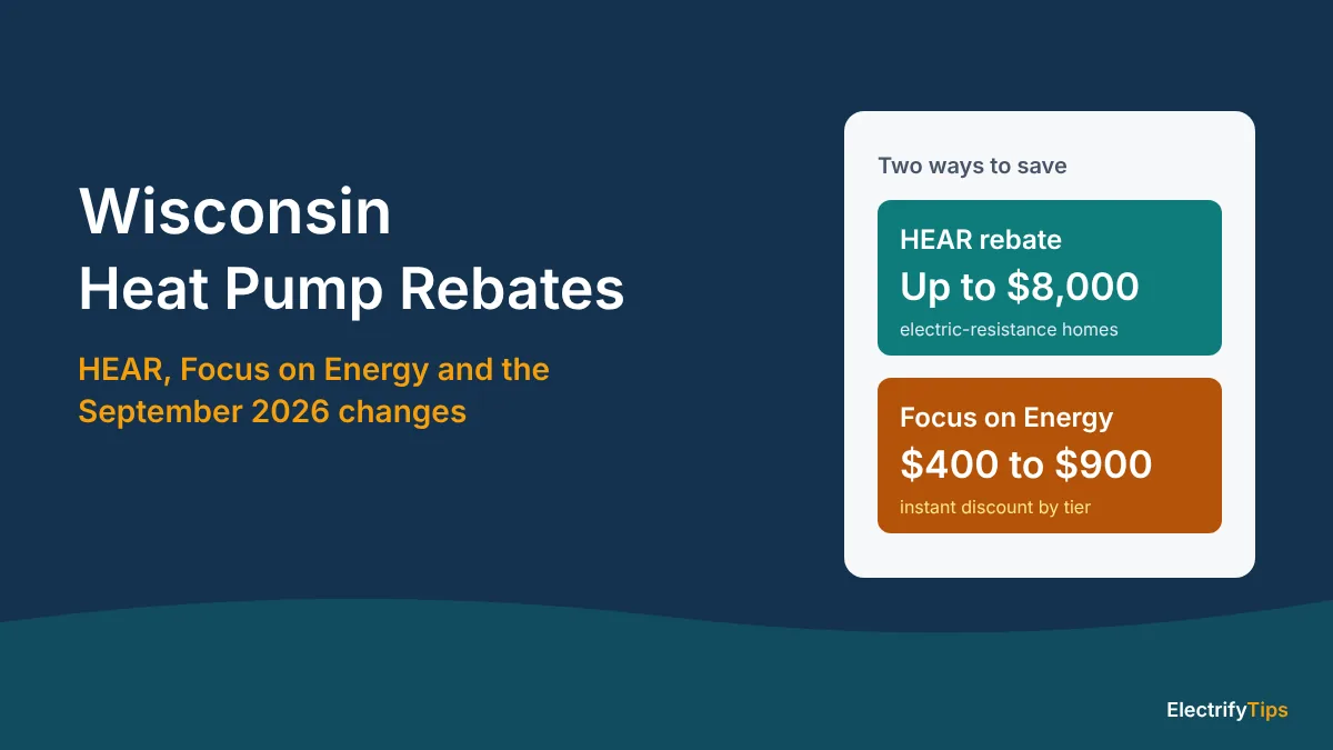 Wisconsin heat pump rebates 2026: HEAR up to $8,000 for electric-resistance homes and Focus on Energy instant discounts of $400 to $900